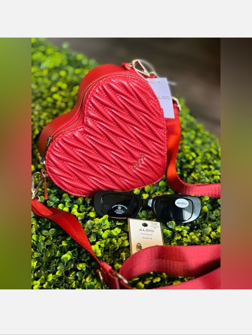 ALDO 3 Pc Red Quilted Heart Crossbody Bag... Sunnies and Lock Earrings.... NEW